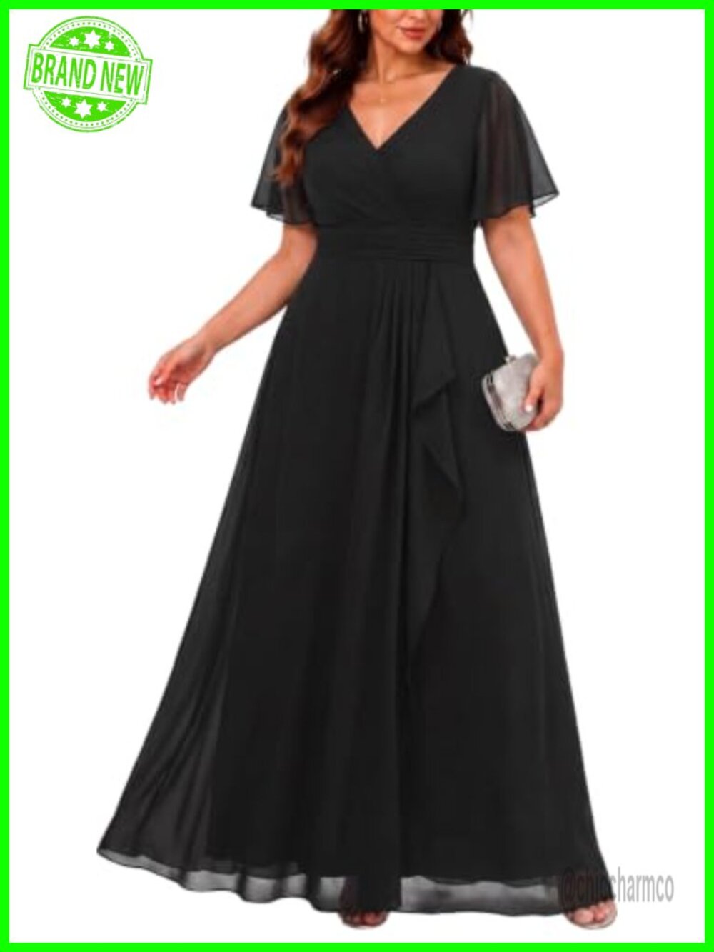 Plus Size Chiffon Formal Dress Ruffle V-Neck Maxi Wedding Guest